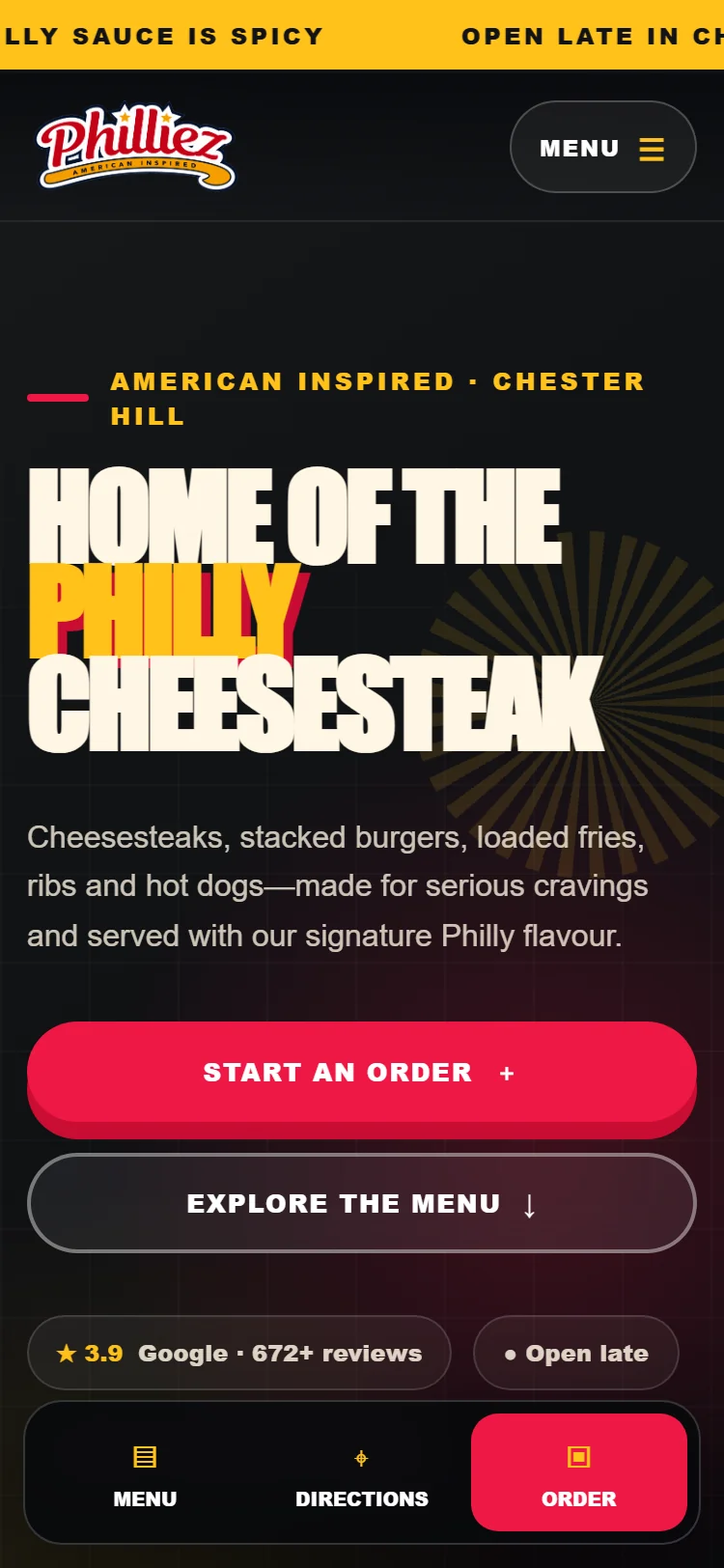 Philliez — Chester Hill Philly cheesesteak PWA, mobile hero with 'Home of the Philly Cheesesteak' headline