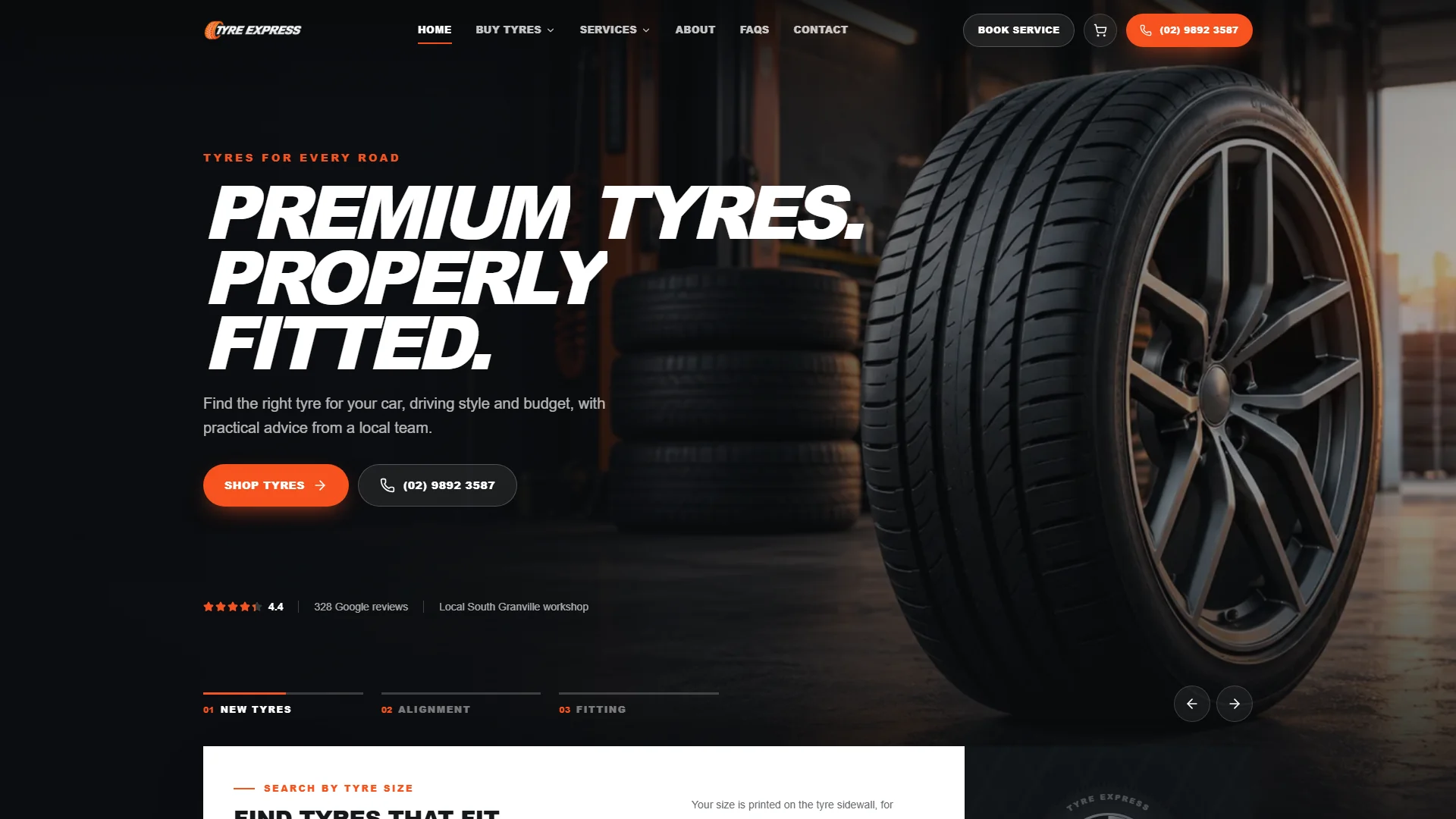 Tyre Express — South Granville tyre workshop, hero with 'Premium Tyres. Properly Fitted.' headline